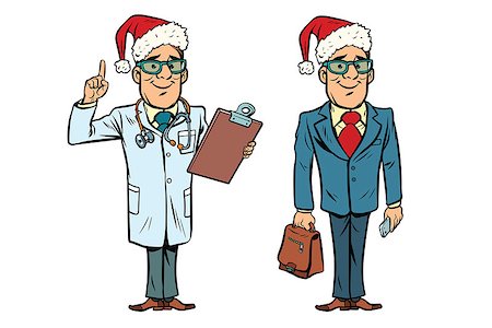 prescription bags - Happy Christmas doctor and businessman. Comic cartoon style pop art retro vector illustration Stock Photo - Budget Royalty-Free & Subscription, Code: 400-09030013