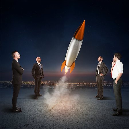 simsearch:400-09112433,k - Team of businesspeople looks start a missile in the sky. Concept of company startup and new business. 3D Rendering. Stockbilder - Microstock & Abonnement, Bildnummer: 400-09030068
