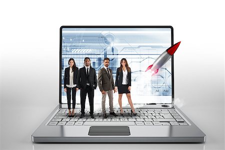 simsearch:400-09112433,k - Team on a big laptop with a rocket ready to start. Concept of startup and innovation in business affairs. 3D Rendering Stockbilder - Microstock & Abonnement, Bildnummer: 400-09030160