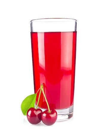 simsearch:400-05147624,k - Glass juice and two ripe juicy cherries with green leaf, isolated on white background. Foto de stock - Super Valor sin royalties y Suscripción, Código: 400-09030222
