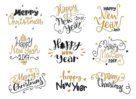 simsearch:400-08807089,k - Happy New Year and Merry Christmas golden hand drawn lettering labels in funny style. Holiday greetings text Stockbilder - Microstock & Abonnement, Bildnummer: 400-09030417