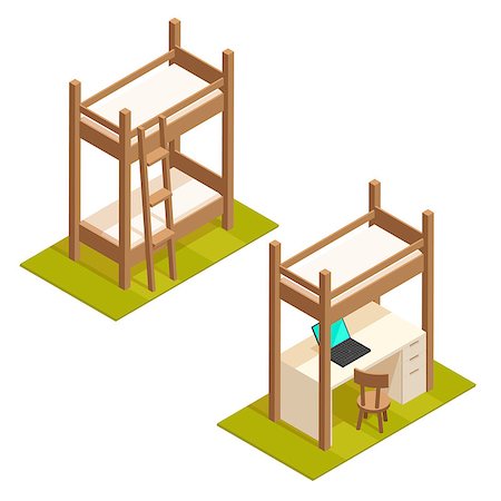Isometric bunk bed and loft bed illustration. Isolated vector wooden bedroom furniture icons. Stock Photo - Budget Royalty-Free & Subscription, Code: 400-09030435