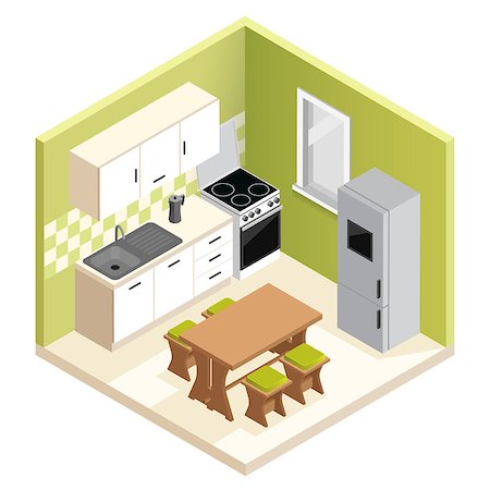 simsearch:400-06694997,k - Isometric room interior design. Miniature apartment kitchen vector illustration Stock Photo - Budget Royalty-Free & Subscription, Code: 400-09030431