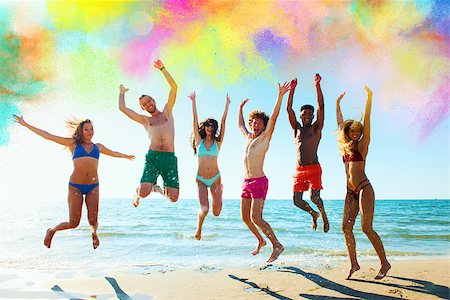 simsearch:400-08705605,k - Happy friends jump into the air between an explosion of colors Stock Photo - Budget Royalty-Free & Subscription, Code: 400-09030695