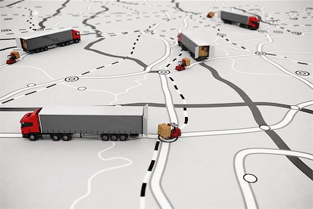 Loading pallets of boxes on truck on a road map. Concept of global shipment and GPS tracking. 3D rendering Stock Photo - Budget Royalty-Free & Subscription, Code: 400-09030793