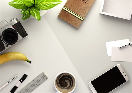 Top down view of a business desktop with a smartphone, office accessories,a journal, coffee and snacks. 3D illustration render. Stock Photo - Budget Royalty-Free & Subscription, Code: 400-09030819