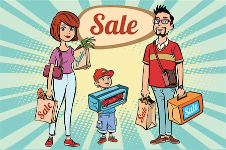 simsearch:400-08407242,k - family dad mom and son with shopping on sale. Comic book cartoon pop art retro color illustration drawing Photographie de stock - Aubaine LD & Abonnement, Code: 400-09030924