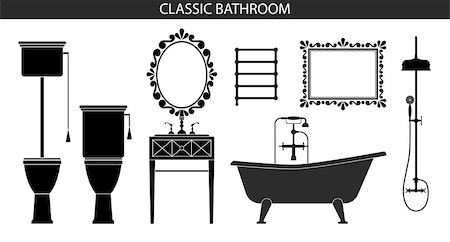 simsearch:700-06808770,k - Classic old style furniture for the bathroom interior. Furniture set. Silhouette of furniture. Vector illustration. Bath, sink, toilet, mirror Stockbilder - Microstock & Abonnement, Bildnummer: 400-09031751