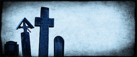simsearch:400-05001539,k - Halloween banner with old paper texture and medieval stone crosses, tombstones in a cemetery. Toned in blue color. Copy space for your text Stock Photo - Budget Royalty-Free & Subscription, Code: 400-09031994