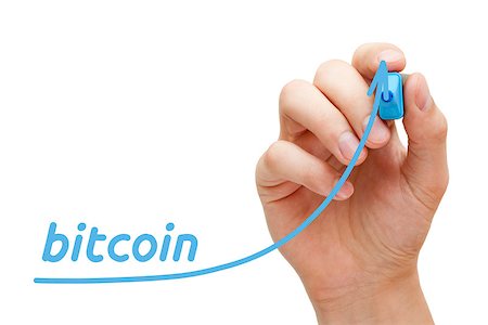 Hand drawing Bitcoin growth graph with blue marker on transparent wipe board. Stock Photo - Budget Royalty-Free & Subscription, Code: 400-09032043