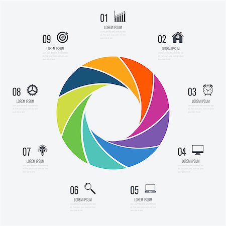 simsearch:400-07423002,k - Infographics template 9 options with circle. Data and information visualization. Dynamic infographics stylish geometric. element for design business invitations, gift cards, flyers and brochures Foto de stock - Super Valor sin royalties y Suscripción, Código: 400-09032248