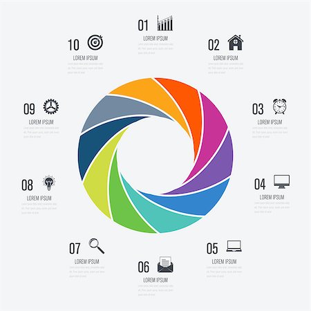 simsearch:400-07423002,k - Infographics template 10 options with circle. Data and information visualization. Dynamic infographics stylish geometric. element for design business invitations, gift cards, flyers and brochures Foto de stock - Super Valor sin royalties y Suscripción, Código: 400-09032249