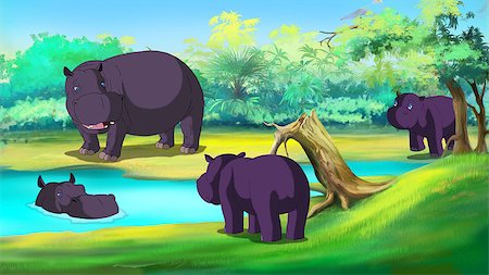 simsearch:400-07232278,k - Group of Hippopotamuses near the River in a summer day. Digital painting  cartoon style full color illustration. Foto de stock - Royalty-Free Super Valor e Assinatura, Número: 400-09032271