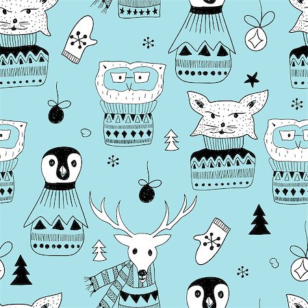 Vector Seamless Pattern with  Doodle Animals: fox, owl, deer, and pinguin Stock Photo - Budget Royalty-Free & Subscription, Code: 400-09032611