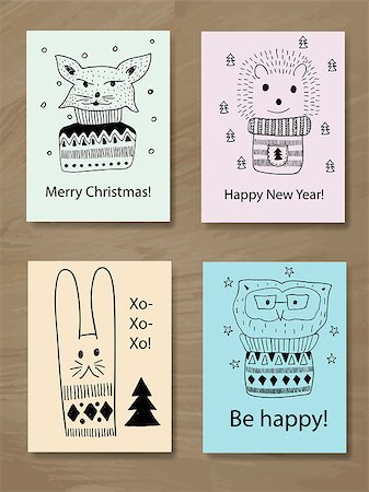 Vector Christmas Greeting Cards with Doodle Animals: fox, hedgehog, bunny and owl Stock Photo - Budget Royalty-Free & Subscription, Code: 400-09032612
