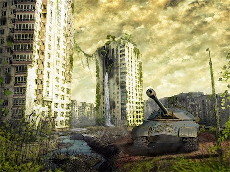 simsearch:400-08654218,k - The tank in the ruins of the city. Apocalyptic landscape.3d illustration concept Photographie de stock - Aubaine LD & Abonnement, Code: 400-09045734