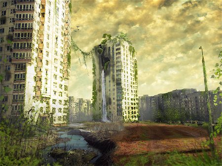 simsearch:846-03163664,k - Ruins of a city. Apocalyptic landscape.3d illustration concept Stock Photo - Budget Royalty-Free & Subscription, Code: 400-09045735