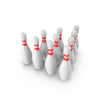 simsearch:628-02198065,k - Group of Bowling Pins Isolated on White Background with shadow. 3D rendering. 3d render. For logo, advertising, wallpaper, print etc. side  view with perspective Stock Photo - Budget Royalty-Free & Subscription, Code: 400-09045964