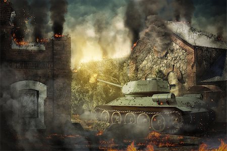 simsearch:846-05646462,k - Tank defense destroyed the countryside. Panzer division in the village Foto de stock - Super Valor sin royalties y Suscripción, Código: 400-09046113