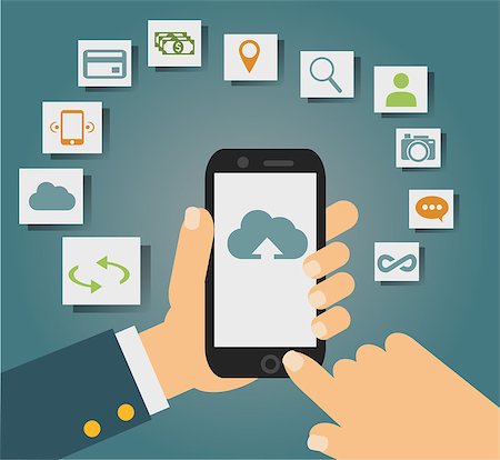 simsearch:400-07504762,k - Vector concept of cloud services on mobile phone such as storage, computing, search, photo album, data exchange. With colorful icons or web buttons around mobile device. Photographie de stock - Aubaine LD & Abonnement, Code: 400-09046177