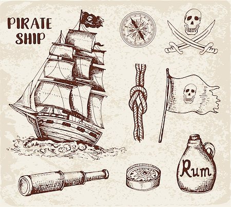 Set of vector vintage hand drawn pirates design elements. Stock Photo - Budget Royalty-Free & Subscription, Code: 400-09046755