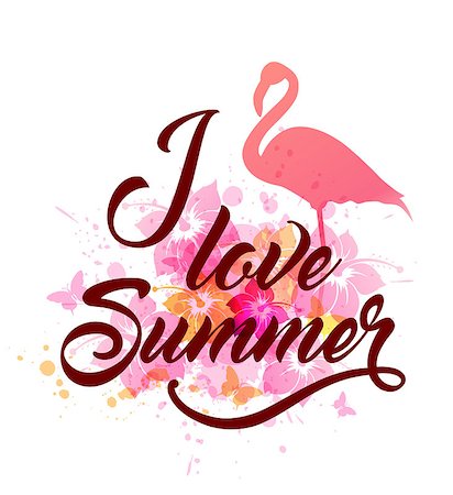 simsearch:400-09048464,k - Abstract vector summer background with pink flamingo and tropical flowers. I love summer lettering. Stockbilder - Microstock & Abonnement, Bildnummer: 400-09046753