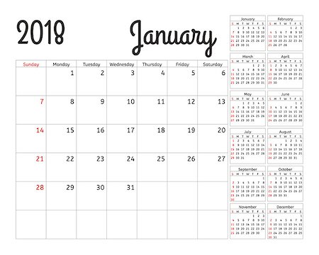 simsearch:400-08194861,k - Simple calendar planner for 2018 year. Calendar planning week. Vector design January template. Set of 12 Months. week starts Sunday. Foto de stock - Royalty-Free Super Valor e Assinatura, Número: 400-09046791