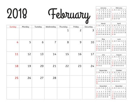 simsearch:400-08194861,k - Simple calendar planner for 2018 year. Calendar planning week. Vector design February template. Set of 12 Months. week starts Sunday. Foto de stock - Royalty-Free Super Valor e Assinatura, Número: 400-09046793
