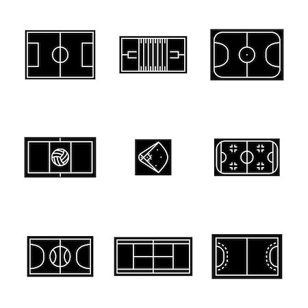 Set of black icons playgrounds football, soccer, basketball, baseball, ice hockey, volleyball, handball and tennis, isolated on white background. Design element of sports objects, vector illustration. Stock Photo - Budget Royalty-Free & Subscription, Code: 400-09046812