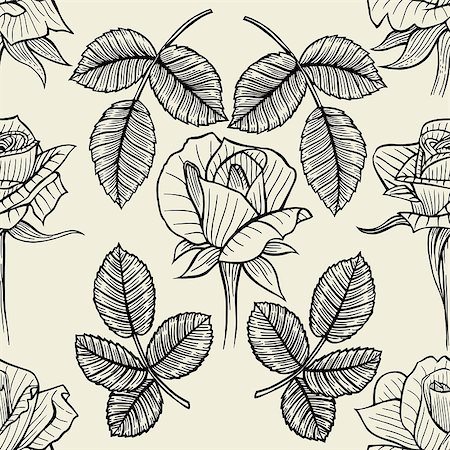flowers sketch for coloring - Hand drawn seamless pattern with roses. Black and white doodle floral elements. Monochrome flowers and leaves. Vector sketch. Stock Photo - Budget Royalty-Free & Subscription, Code: 400-09046823