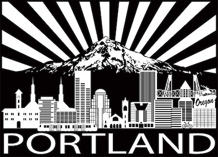 simsearch:400-06170841,k - Portland Oregon Outline Silhouette with City Skyline with Mount Hood Sun Rays Black Isolated on White Background Illustration Photographie de stock - Aubaine LD & Abonnement, Code: 400-09046830