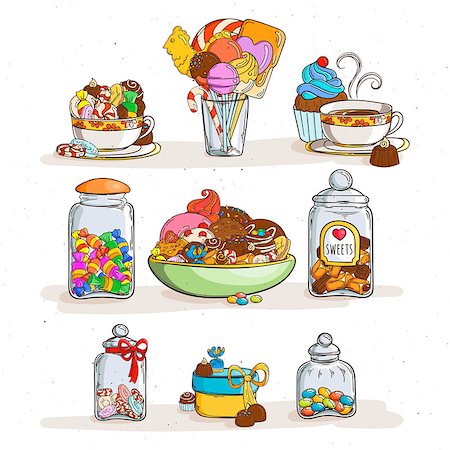 pastry bar - Sweets in glass jars of various forms with different candies and cookies. Vector illustration Stock Photo - Budget Royalty-Free & Subscription, Code: 400-09046967