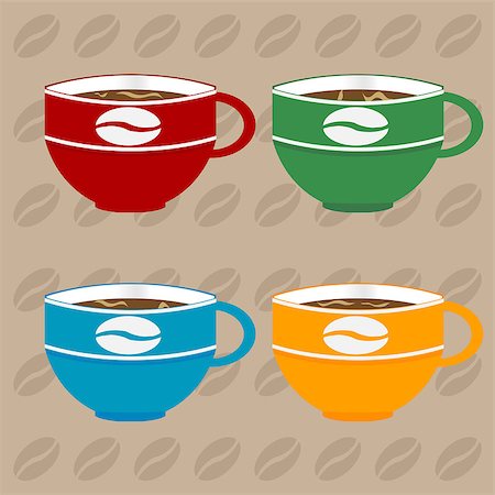 Four Decorated Coffee Cups in Different Colours Over Light Brown Background with Coffee Beans Photographie de stock - Aubaine LD & Abonnement, Code: 400-09047016