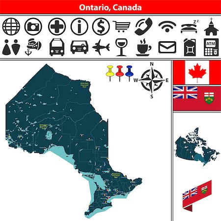 Vector map of regions of Ontario (Canada) with lakes, cities and travel icons. Photographie de stock - Aubaine LD & Abonnement, Code: 400-09047141