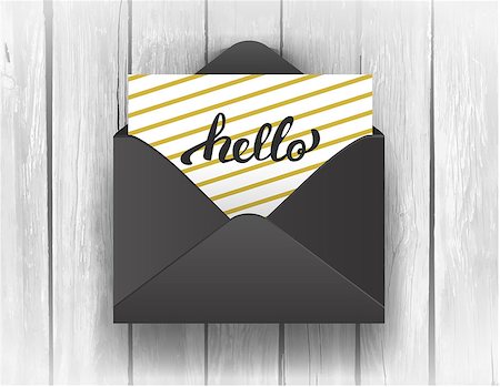 simsearch:400-06326801,k - Black opened envelope with Hello Lettering on wooden background. Vector Illustration EPS10 Stock Photo - Budget Royalty-Free & Subscription, Code: 400-09047156