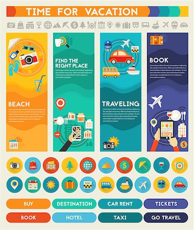 simsearch:400-08696041,k - Time for travel four concept banners with UI elements. Four vector illustrations and collection of banners, icons and buttons for mobile app and website UI designs Fotografie stock - Microstock e Abbonamento, Codice: 400-09047174