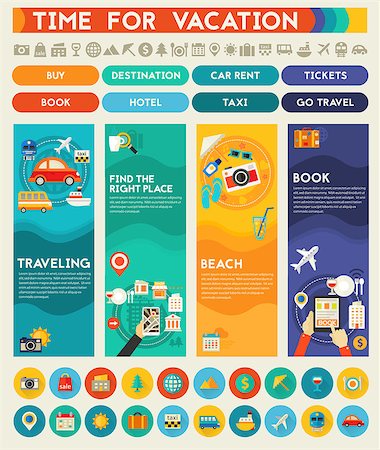 simsearch:400-08696041,k - Time for travel four concept banners with UI elements. Four vector illustrations and collection of banners, icons and buttons for mobile app and website UI designs Fotografie stock - Microstock e Abbonamento, Codice: 400-09047175