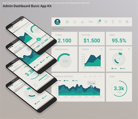 simsearch:400-08645953,k - Flat design responsive Management and Administration Dashbord UI mobile app template on trendy subtle blurred background, with 3d smartphone mockups and infographics charts kit Stock Photo - Budget Royalty-Free & Subscription, Code: 400-09047180