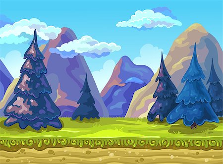 firin (artist) - Landscape with a green meadow, fir-trees and mountains. Vector illustration Foto de stock - Super Valor sin royalties y Suscripción, Código: 400-09047363
