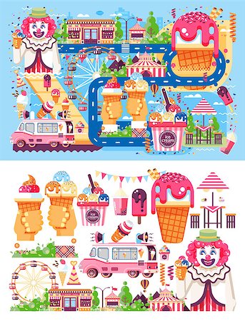 Stock set vector illustration business selling different kinds ice cream sale food with machine, meal on wheels clown amusement park sweets vanilla chocolate fruit filling cafe near road in flat style Stock Photo - Budget Royalty-Free & Subscription, Code: 400-09047434