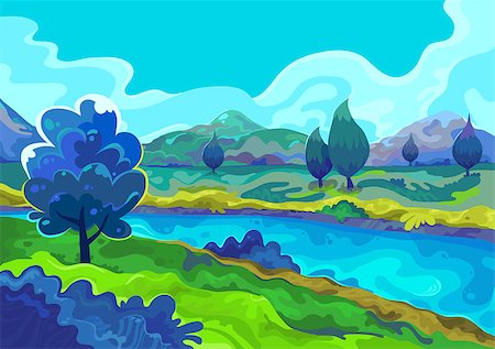 simsearch:400-08556910,k - Landscape with a green meadow, trees and river. Vector illustration Stock Photo - Budget Royalty-Free & Subscription, Code: 400-09047444