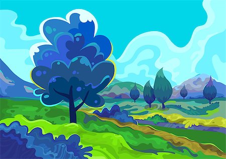 firin (artist) - Landscape with a green meadow, trees and mountains. Vector illustration Foto de stock - Super Valor sin royalties y Suscripción, Código: 400-09047445