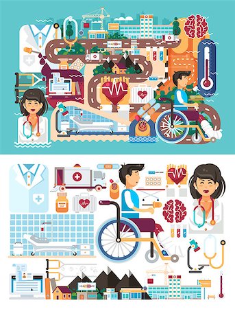 Stock vector big set design illustration medicine health care of patient medical insurance treatment illness and recovery doctor nurse ambulance on road near hospital pharmacy polyclinic in flat style. Stock Photo - Budget Royalty-Free & Subscription, Code: 400-09047443
