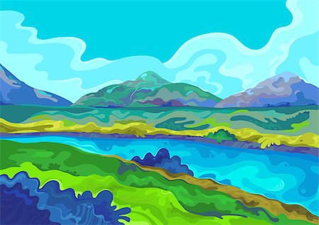 firin (artist) - Landscape with a green meadows and river. Vector illustration Foto de stock - Super Valor sin royalties y Suscripción, Código: 400-09047489