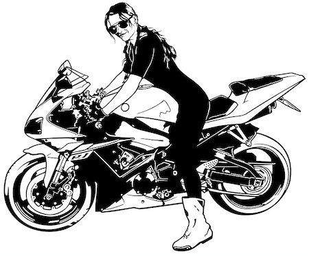 draw bike with people - Sexy Woman in Sunglasses Sitting on a Sport Motorcycle - Black and White Illustration, Vector Stock Photo - Budget Royalty-Free & Subscription, Code: 400-09047612