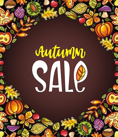 simsearch:400-08196096,k - Vector Autumn Harvest Festival greeting card, background. Hand drawn banner: ripe pumpkin, oak leaf, chestnut, maple leaves, vegetables, acorn and mushroom. Farmers market, fall sale, social media Photographie de stock - Aubaine LD & Abonnement, Code: 400-09047717