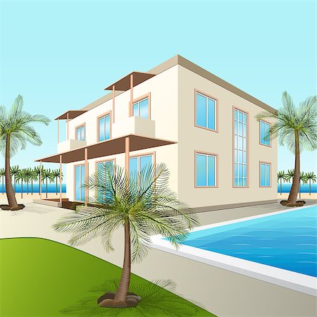 palm tree and office - building a small hotel with sea and palm trees in perspective Stock Photo - Budget Royalty-Free & Subscription, Code: 400-09047732