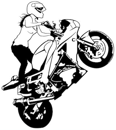 draw bike with people - Motorbike Girl On The Rear Wheel - Black and White Illustration, Vector Stock Photo - Budget Royalty-Free & Subscription, Code: 400-09048013