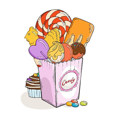 pastry bar - Sweets and candies in paper box. Muffin and chocolate. Vector illustration Stock Photo - Budget Royalty-Free & Subscription, Code: 400-09048121