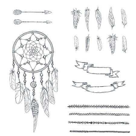 simsearch:400-08934681,k - Set of hand drawn ornate Dreamcatcher, feathers, arrows, ribbons and canvas in contour. Ethnic tribal element. Vector Stockbilder - Microstock & Abonnement, Bildnummer: 400-09048133